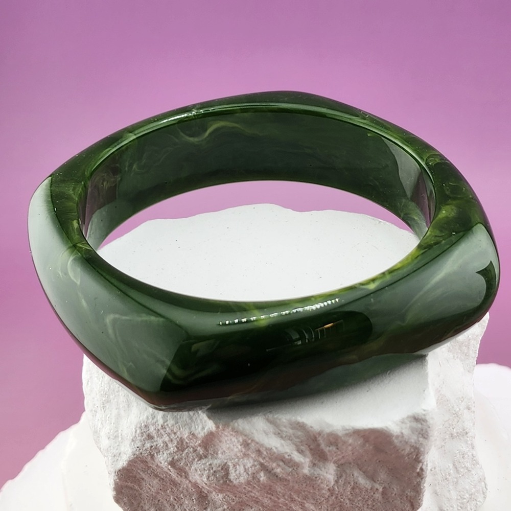 Olive Green Translucent Resin Bangle Bracelet Chunky Geometric Statement Retro